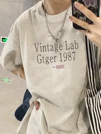 美式复古正肩纯棉短袖t恤女夏季大码宽松潮牌ins设计感小众上衣服商品大图