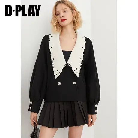 【黑标】DPLAY年秋冬新黑色娃娃领珍珠双排扣双面呢大衣外套图片