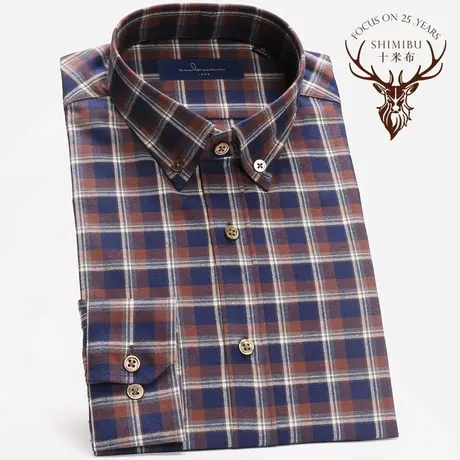 十米布2020新款全棉磨毛格子衬衫男长袖韩版纯棉修身商务格纹衬衣商品大图