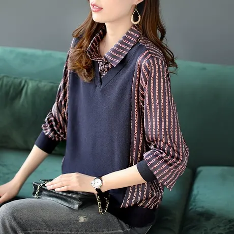 宝诗黎假两件字母印花针织拼接衬衫女2024年春季新款衬衣宽松上衣商品大图