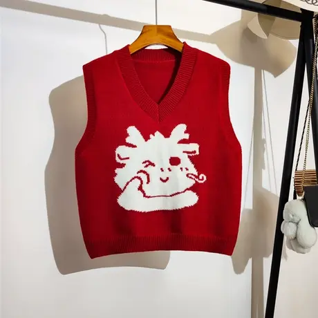 龙年红色针织马甲女秋冬新款v领叠穿本命年可爱毛衣背心坎肩外穿商品大图