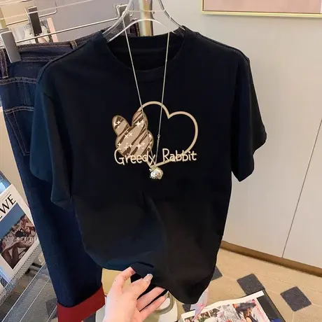 黑色打底衫2024新款正肩纯棉短袖T恤女网红百搭显瘦白色秋季上衣商品大图