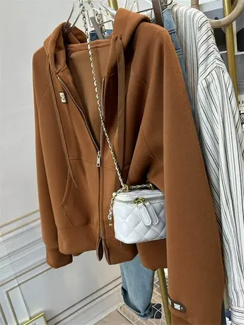 双拉链连帽卫衣外套女2024早春装新款笑脸贴标宽松插肩袖开衫春秋商品大图