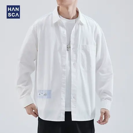 hansca条纹衬衫男高级感青少年春季潮牌拼接休闲痞帅翻领衬衣外套商品大图