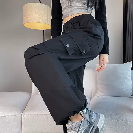 黑色美式阔腿束脚工装裤女2024春秋新款高腰显瘦宽松休闲运动裤子图片