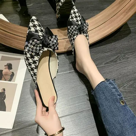 千鸟格子尖头半拖鞋女外穿2024春夏季新款包头凉鞋拖平底穆勒鞋子图片