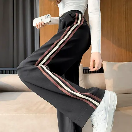 黑色窄版阔腿裤女春夏2024年薄款高腰显瘦休闲条纹垂感直筒西装裤图片