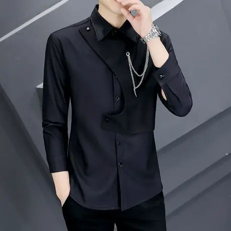 衬衫设计感小众国潮牌假两件痞帅个性免烫秋季韩版双层领长袖衬衣商品大图