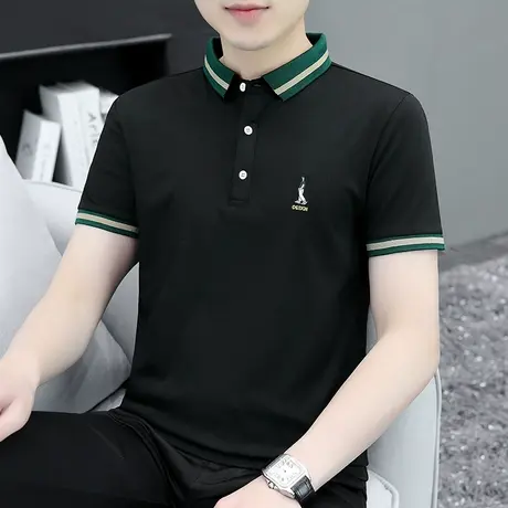 男士短袖polo衫保罗翻领t恤刺绣潮牌夏季冰丝有领半袖黑色上衣服商品大图