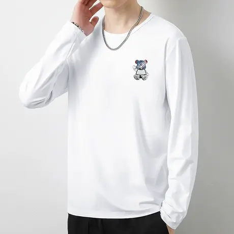 莫代尔白色t恤男长袖秋季薄款内搭上衣服修身潮流小熊圆领打底衫商品大图