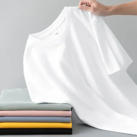 纯棉短袖t恤男夏季宽松纯色白色圆领上衣服潮牌潮流全棉半袖体恤商品大图