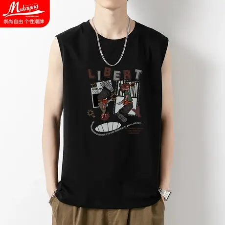 美式背心男夏季纯棉运动健身砍袖无袖t恤潮牌针织篮球训练外穿衣商品大图