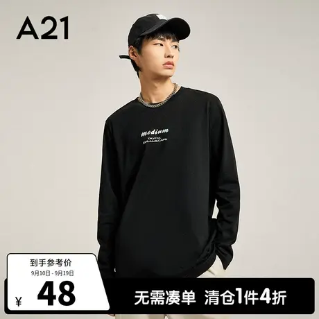 A21outlets男装圆领长袖T恤秋季潮牌男士打底衫黑色上衣休闲衣服图片