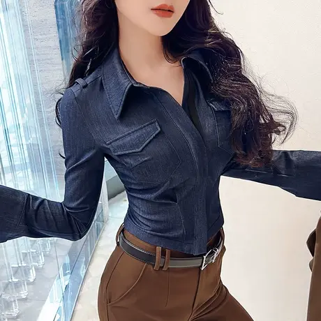 VJE早春女装时尚小众设计短款牛仔上衣新款洋气修身内搭衬衫商品大图