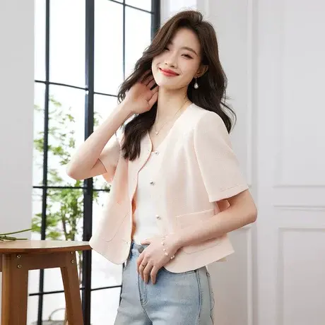 时尚气质小香风短袖外套2023年夏季新款淑女温柔甜美圆领显瘦上衣商品大图