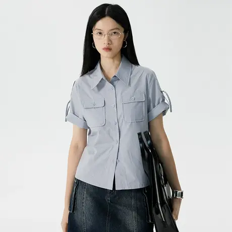 omont蛋挞家 工装短袖衬衫女夏季2023年新款复古时髦休闲衬衣上衣图片