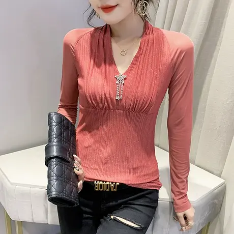 2023新款气质女装性感V领T恤时尚网纱上衣修身百搭打底衫女长袖春图片