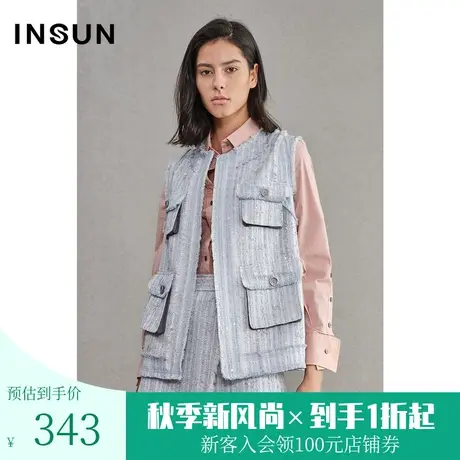 恩裳商场同款时尚流苏圆领设计宽松中长款工装小香风马甲外套女士商品大图