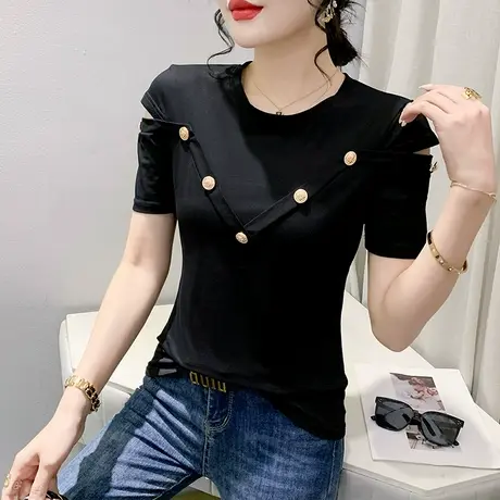 气质圆领T恤女短袖夏季2023新款性感露肩心机小衫百搭简约上衣ins商品大图