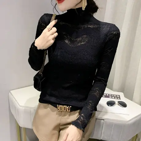 高领蕾丝打底衫女春秋2023新款欧货镂空透视上衣气质修身长袖小衫图片