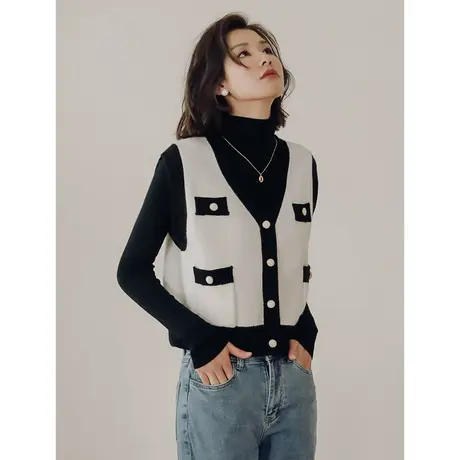 弥古法式小香风毛衣马甲针织背心秋冬女短款v领毛绒马夹开衫外套商品大图