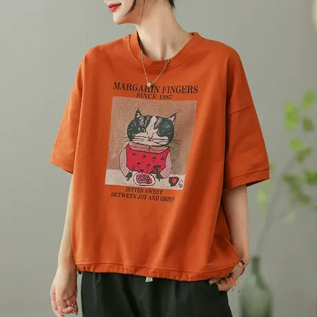 dza复古抽绳纯棉短袖T恤女2023夏季薄款圆领打底体恤宽松套头上衣商品大图