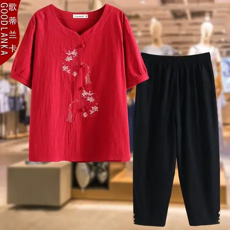 大码中老年妈妈夏装休闲套装宽松洋气盘扣刺绣纯棉短袖T恤两件套商品大图