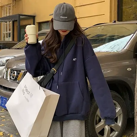 连帽卫衣女2021秋冬宽松韩版ins上衣bf慵懒风小个子加绒加厚外套图片