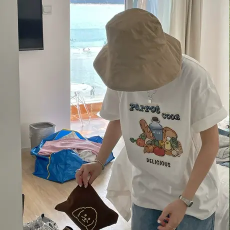 原创创意宽松小个子百搭慵懒风圆领纯棉短袖T恤女上衣2023新款ins商品大图