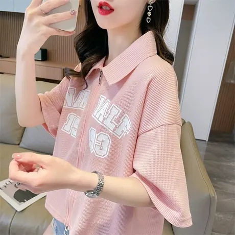 小众设计感短袖t恤女夏季韩版宽松华夫格半袖短款翻领polo衫上衣商品大图