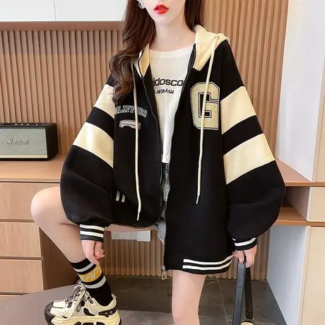 外套女春秋装韩版宽松大码设计感小众初春薄款撞色棒球服开衫卫衣商品大图