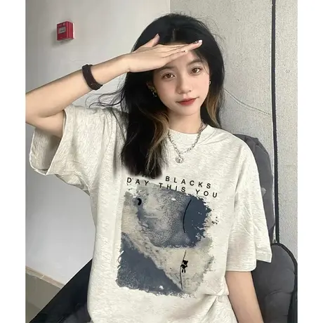纯棉灰色正肩短袖t恤女夏季潮牌oversize小众设计感宽松圆领上衣商品大图