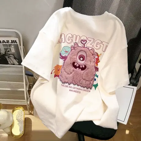 卡通怪兽印花纯棉短袖t恤女夏季别致设计感小众宽松半袖圆领上衣商品大图
