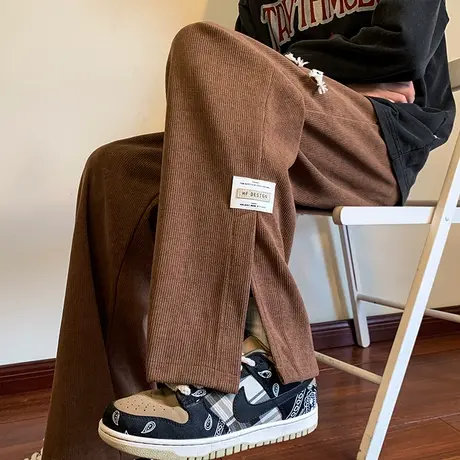 加绒加厚阔腿裤子女秋冬日系复古小众设计感宽松直筒裤运动休闲裤商品大图