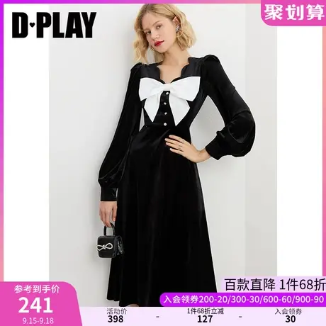 DPLAY秋装新新法式复古黑色花瓣领撞色蝴蝶结装饰丝绒连衣裙图片