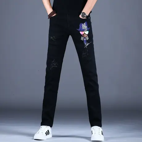 黑色牛仔裤破洞潮ins高街美式男款2023新款修身小脚裤子休闲烫钻商品大图