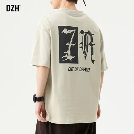 男士杏色重磅t恤男短袖美式潮牌发泡印花半袖上衣纯棉2023年新款商品大图