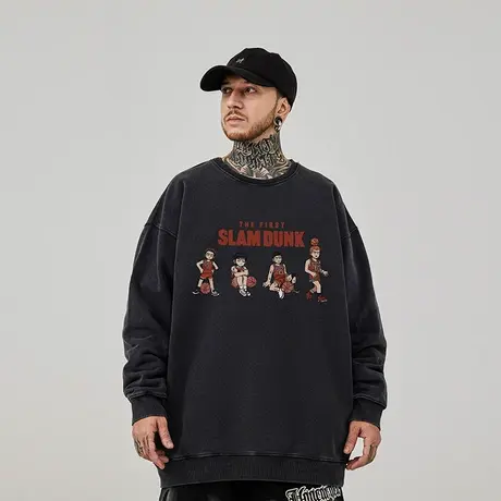 水洗做旧大码圆领男卫衣日系春秋款oversize落肩情侣宽松大码上衣商品大图