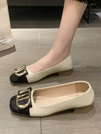 法式时尚气质金属扣浅口单鞋女2023年新款温柔小香风拼色低跟单鞋商品大图