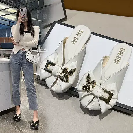 包头拖鞋女平底方跟2023年夏季新款仙女风法式蝴蝶结半拖懒人鞋商品大图