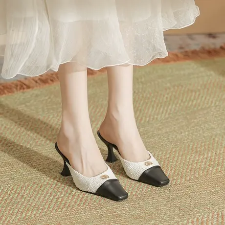 法式名媛高跟凉拖鞋女2023年夏季款外穿方头拼色小香风细跟半拖鞋商品大图