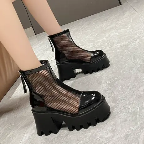 凉鞋女夏季2023新款粗跟短靴网面透气马丁靴镂空厚底爆款高跟凉靴商品大图