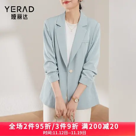 娅丽达蓝色西装外套女2023秋季新款高级感九分袖上衣休闲黑色西服商品大图