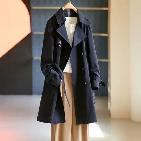 梭织长款风衣外套女2021春季新款气质韩版直筒修身长袖双排扣上衣商品大图