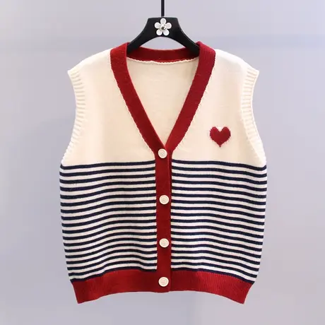 撞色条纹爱心针织马甲女秋冬2023年新款宽松外搭减龄毛衣背心外套图片