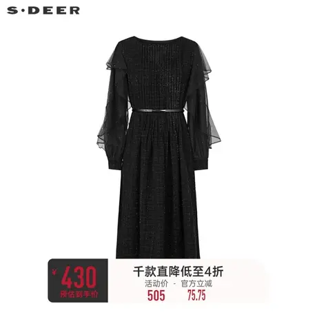 sdeer圣迪奥女装圆领风琴褶收腰网纱荷叶边连衣裙S234Z1254图片