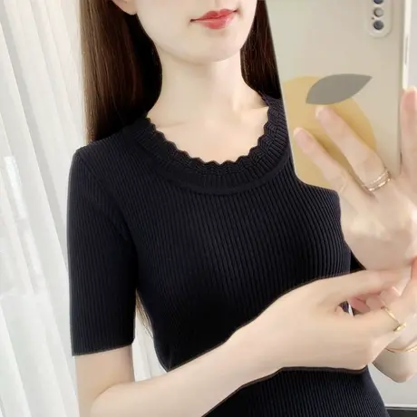 黑色打底衫女2023年新款短袖上衣短款内搭修身薄款秋季冰丝针织衫图片