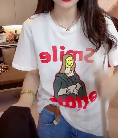 欧货2023夏季新款短袖T恤女彩色印花韩版圆领时尚百搭上衣打底衫商品大图