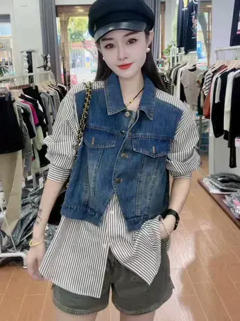 韩版长袖条纹衬衫拼接牛仔马甲假两件休闲时尚女装秋新款2023外套图片