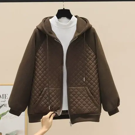 连帽卫衣袖拼接菱格夹棉外套女2023秋冬新款韩版宽松百搭棒球服潮图片